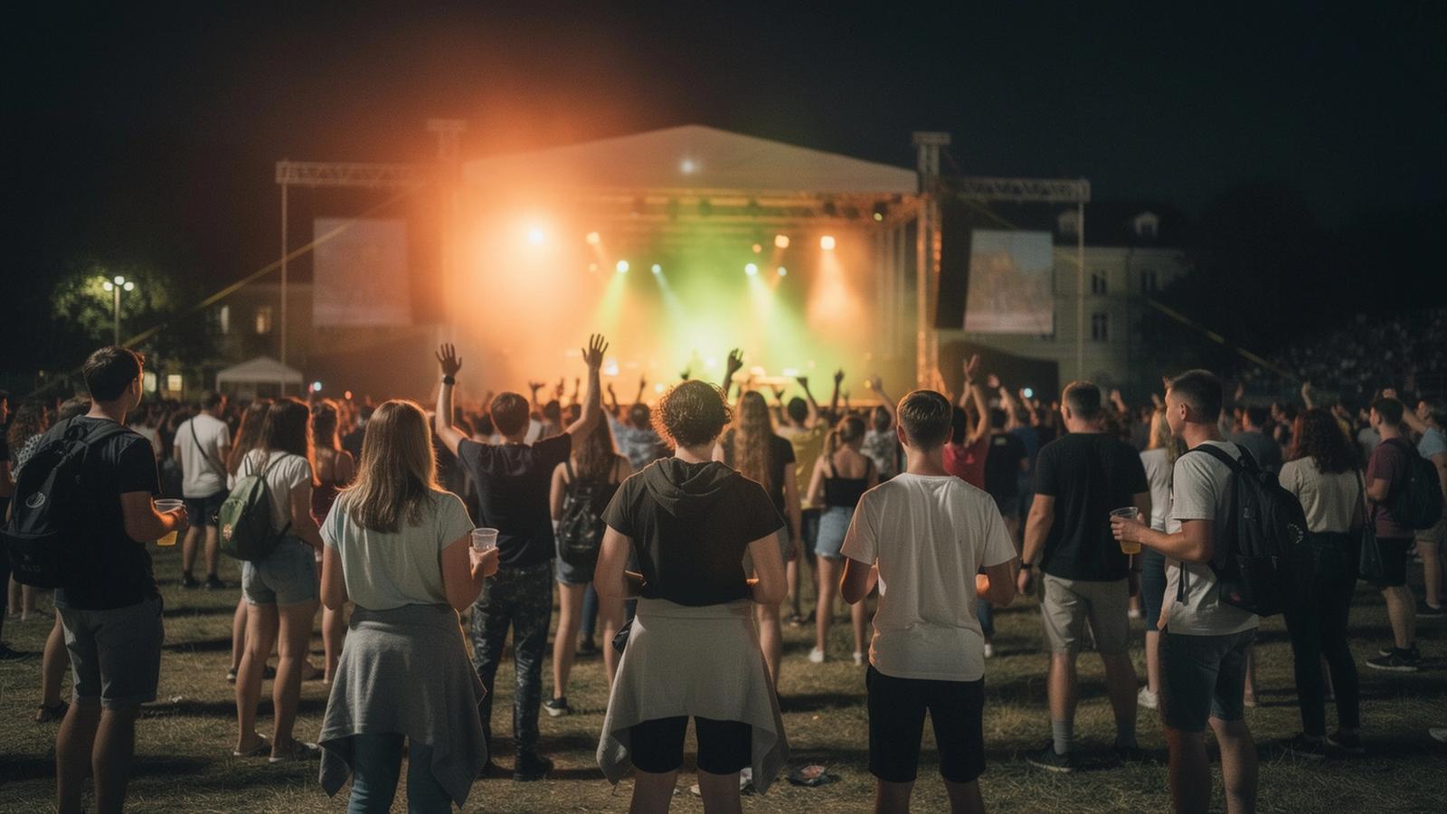 Night crowd at an open-air festival field under stage lights