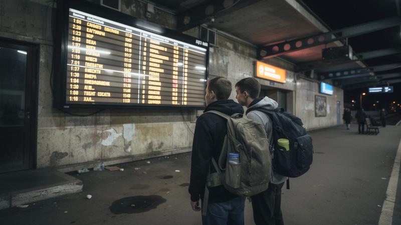 Travelers with backpacks reading a departure board at a night bus station in Kyiv